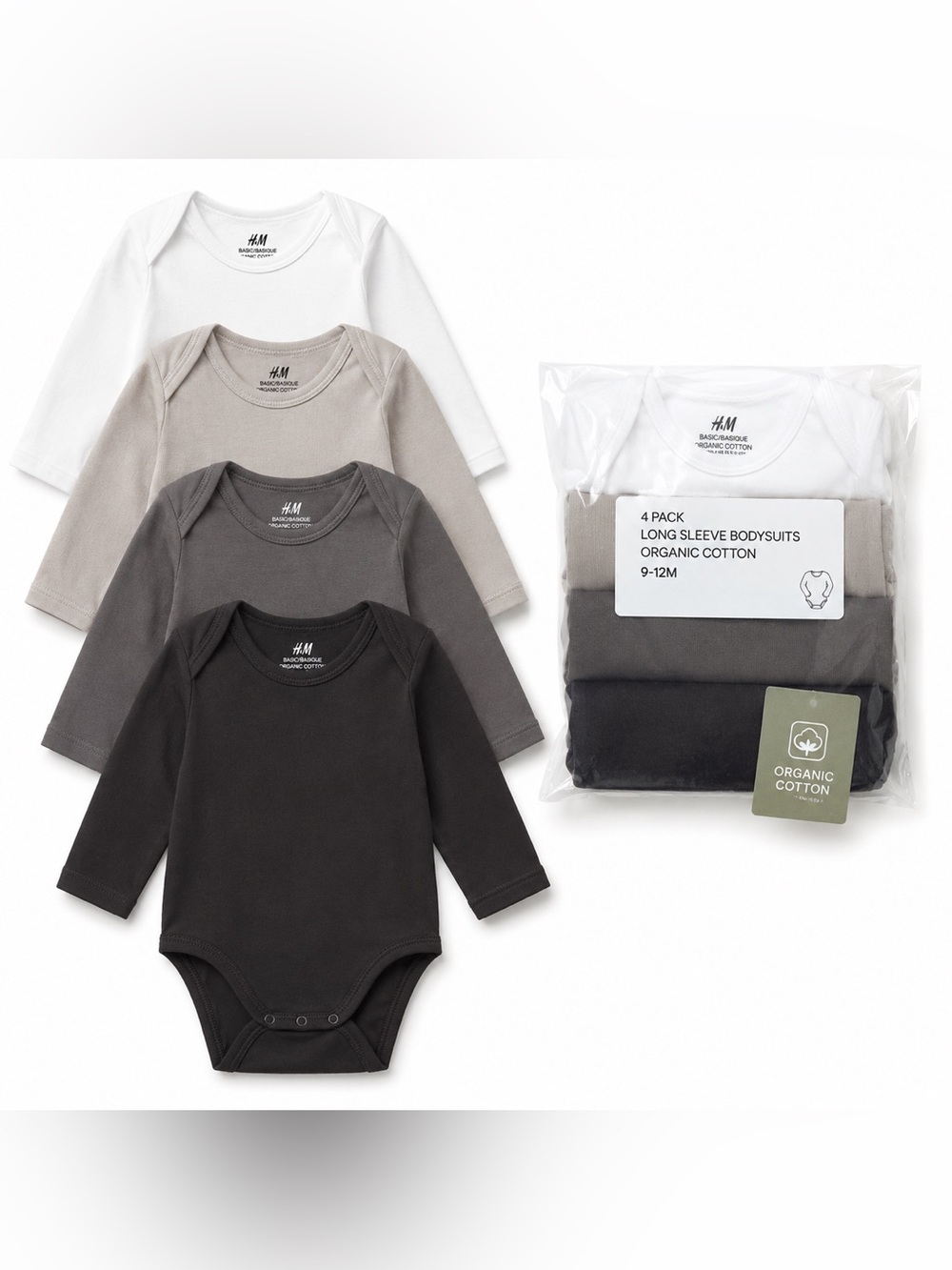 H&M Baby 4-Pack Organic Cotton Long Sleeve Bodysuits 9-12M Neutral Colors